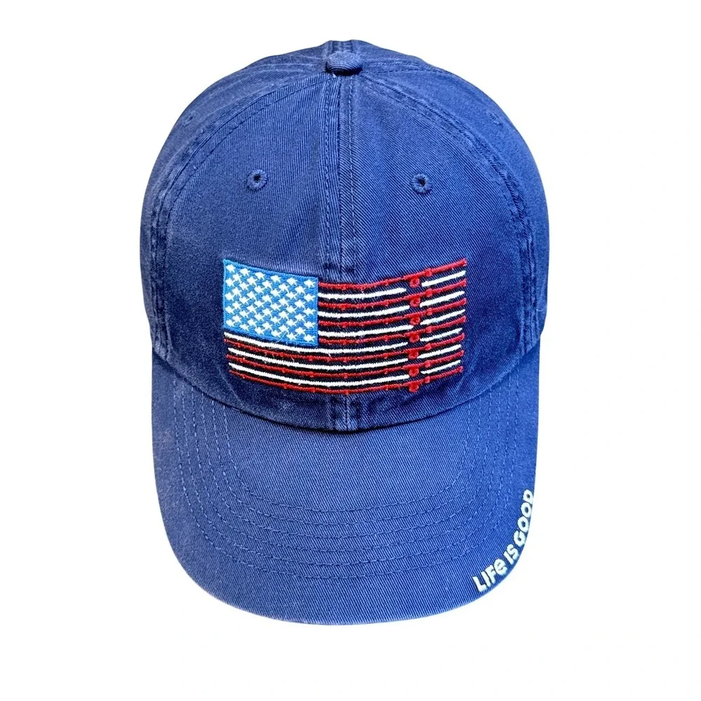 Life is Good Baseball Cap Dad Hat Adjustable Navy Blue American Flag Anchors